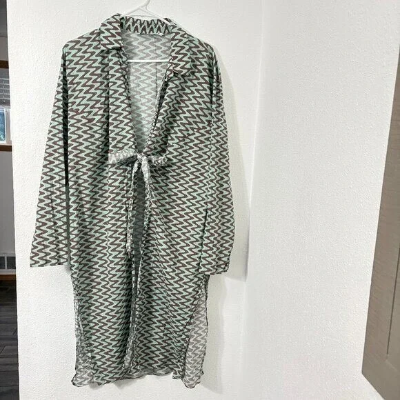 Zara Printed Tunic Long Sleeve Side Slit Front Tie Closure Retro Size XL - Picture 2 of 11